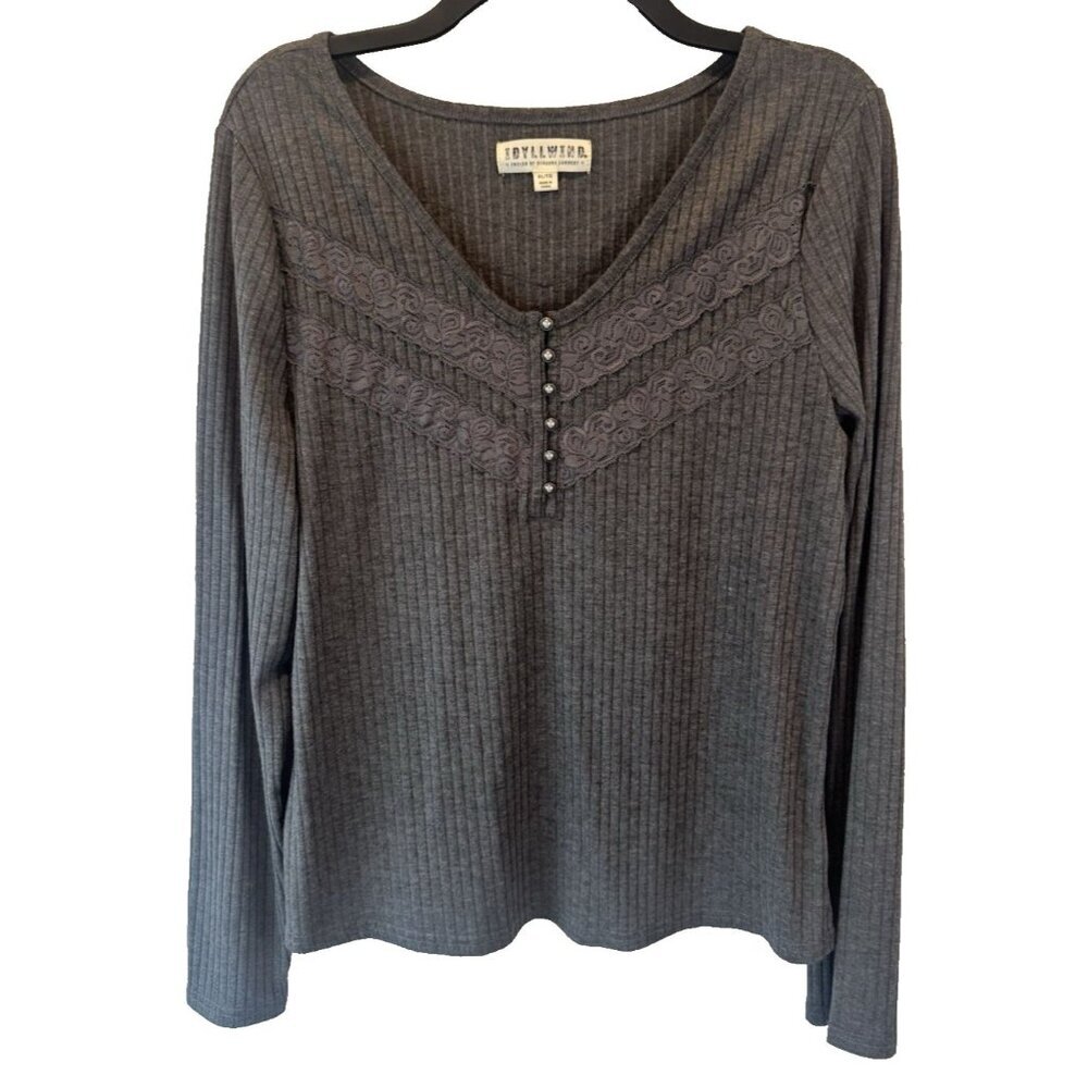 Idyllwind Womens Gray Pearl Button Ribbed Knit Lace Henley Top XL Dark‎ Coquette
